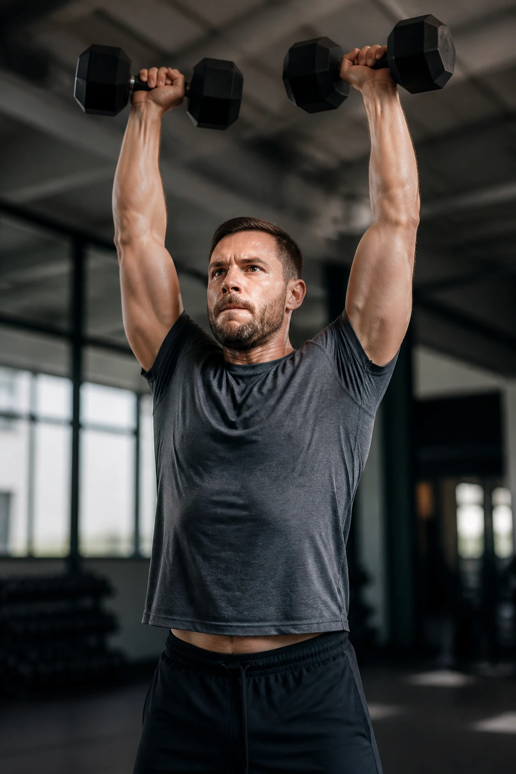 Athlete performing dumbbell push press overhead in gym