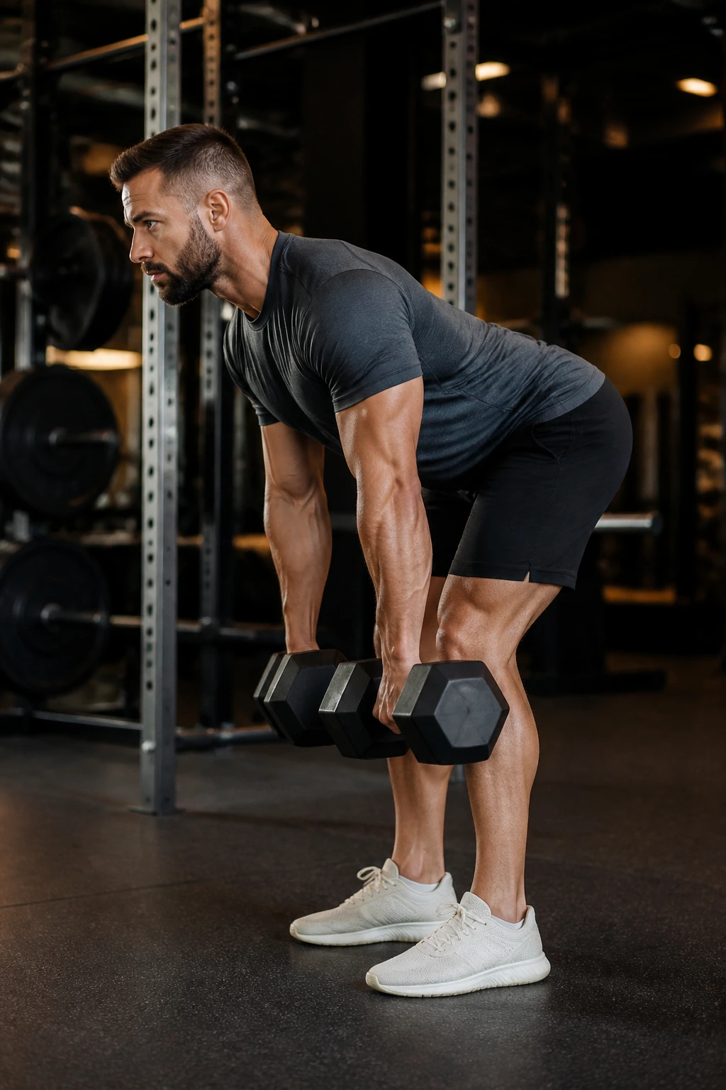 Lifter performing dumbbell Romanian Deadlift with two dumbbells at sides