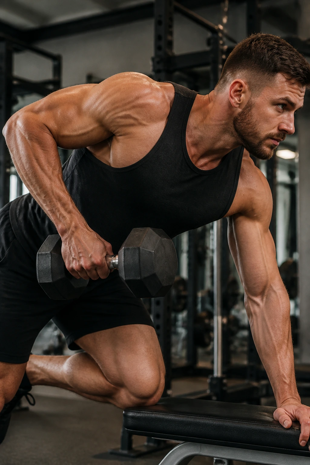 Close-up of a man doing one-arm dumbbell row