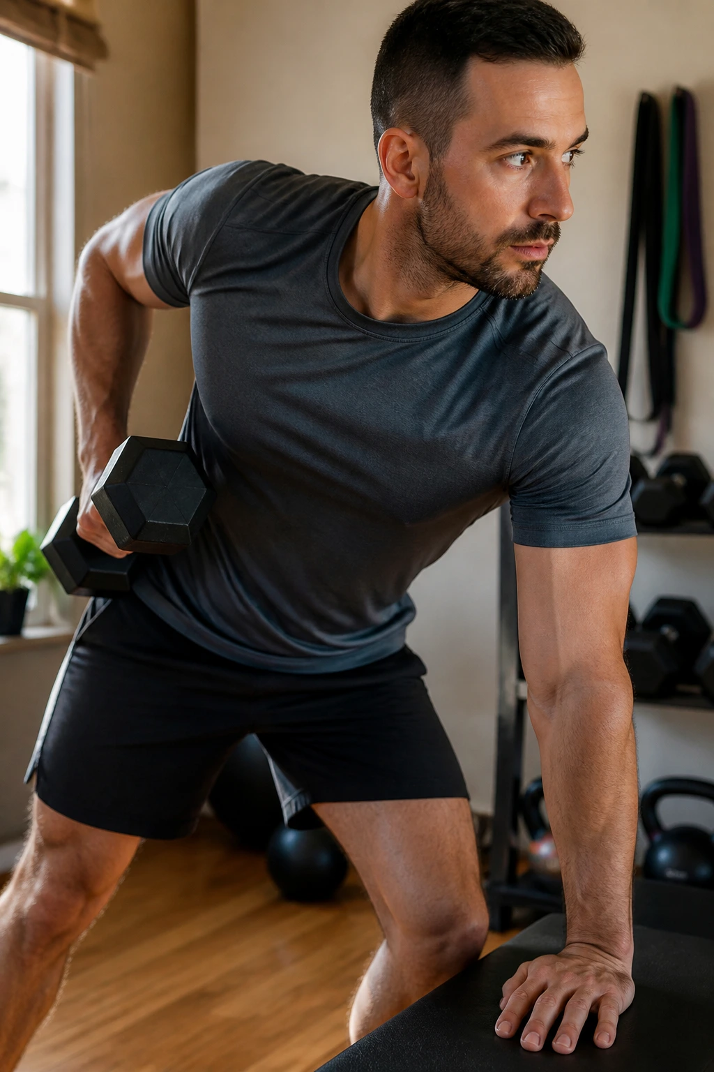 Person performing a twisting single-arm dumbbell row in a home gym