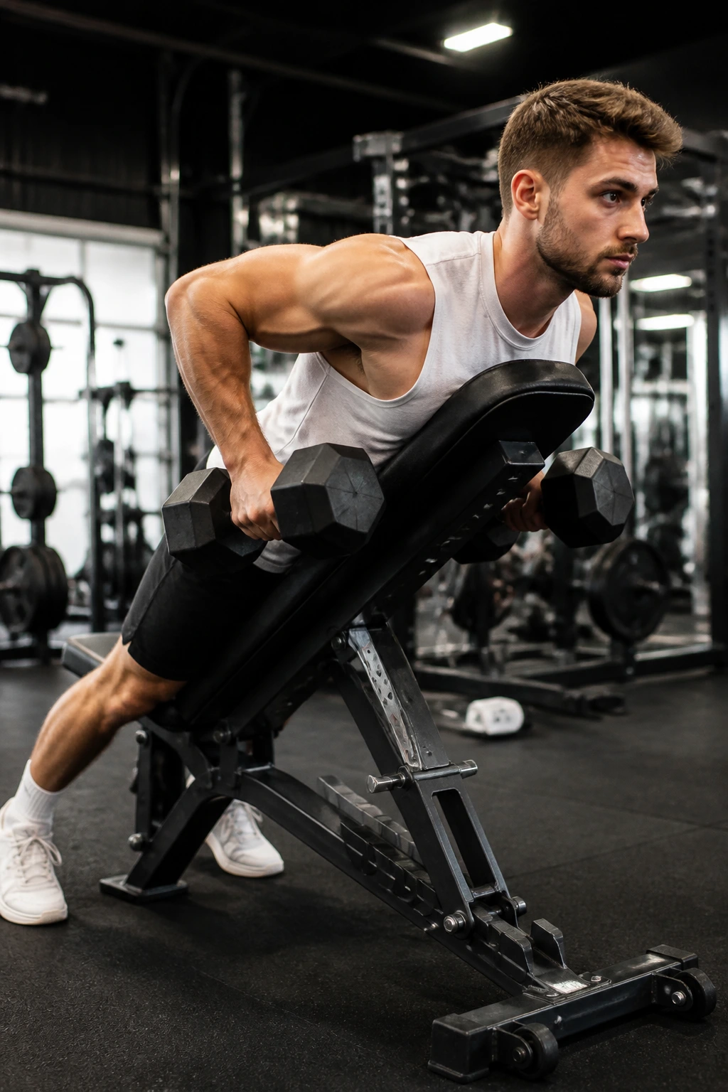 Person performing chest-supported dumbbell rows on incline bench.