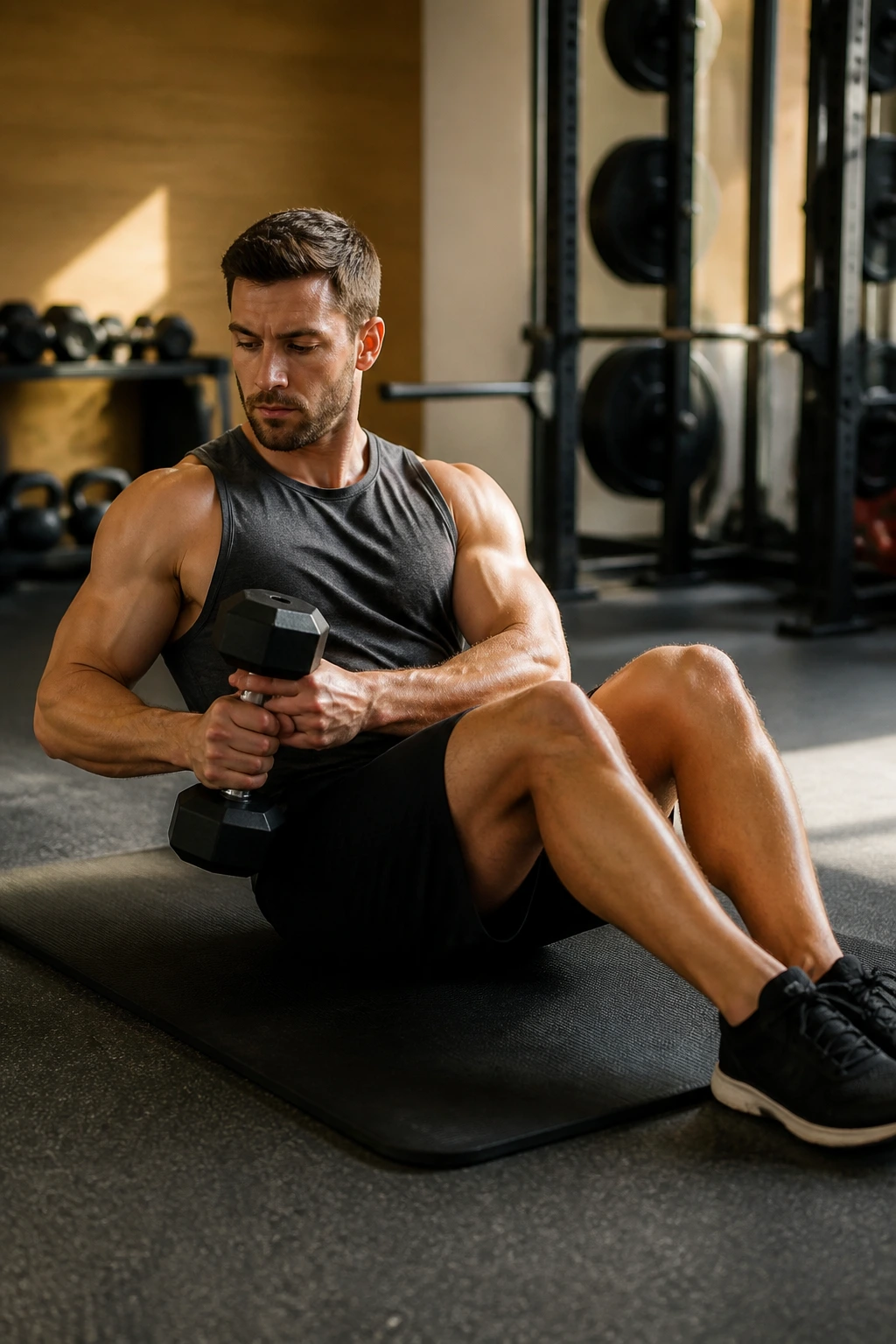 Mid-torso shot of a real person performing a dumbbell Russian twist on a mat