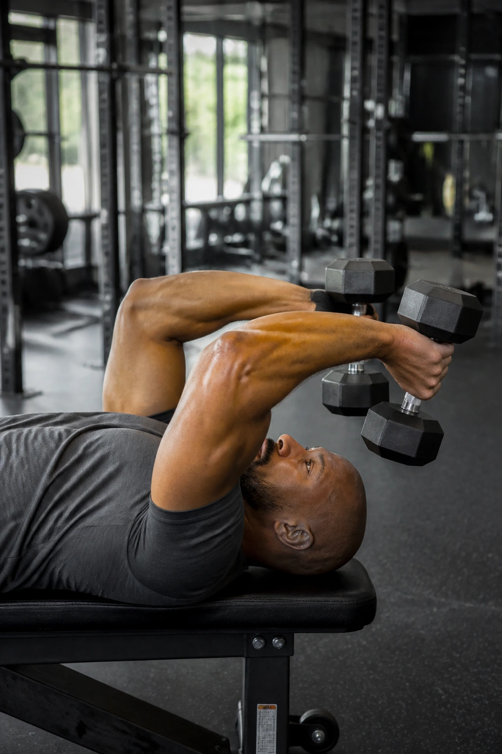 Mid-shot of a person performing dumbbell skull crushers on a bench