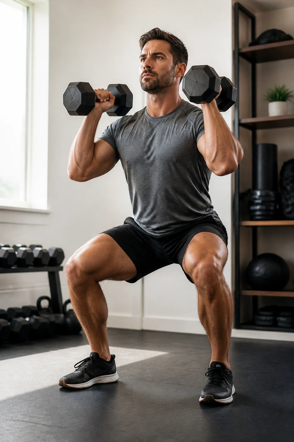 Person performing dumbbell squat-to-press in a home gym