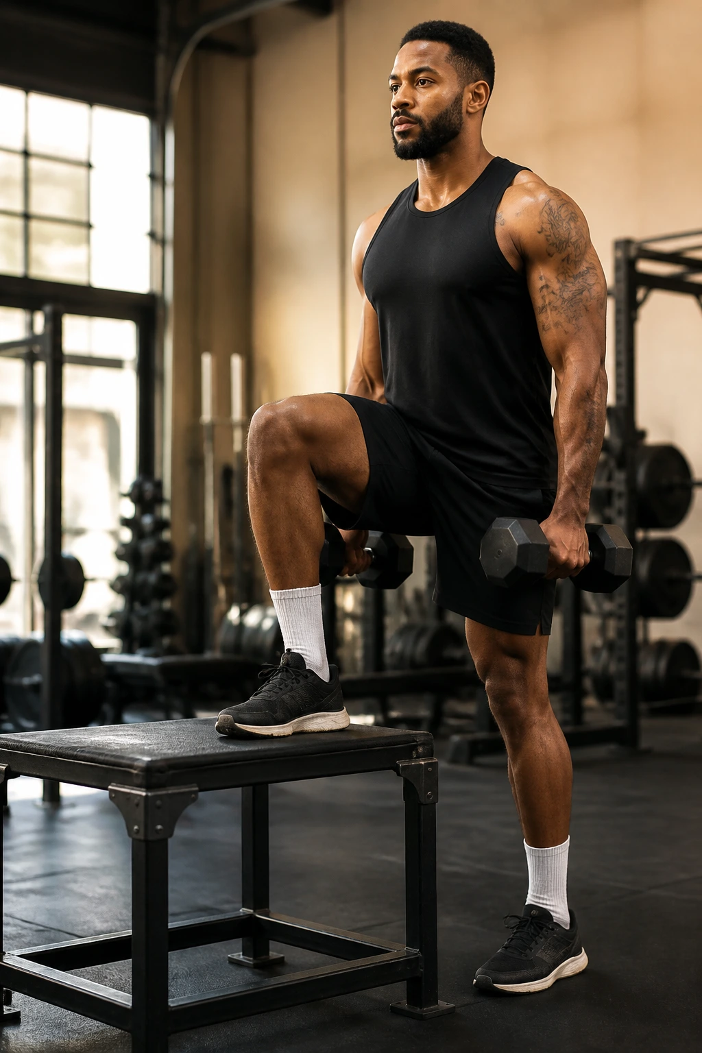 Person performing a dumbbell step-up onto a box with dumbbells at sides