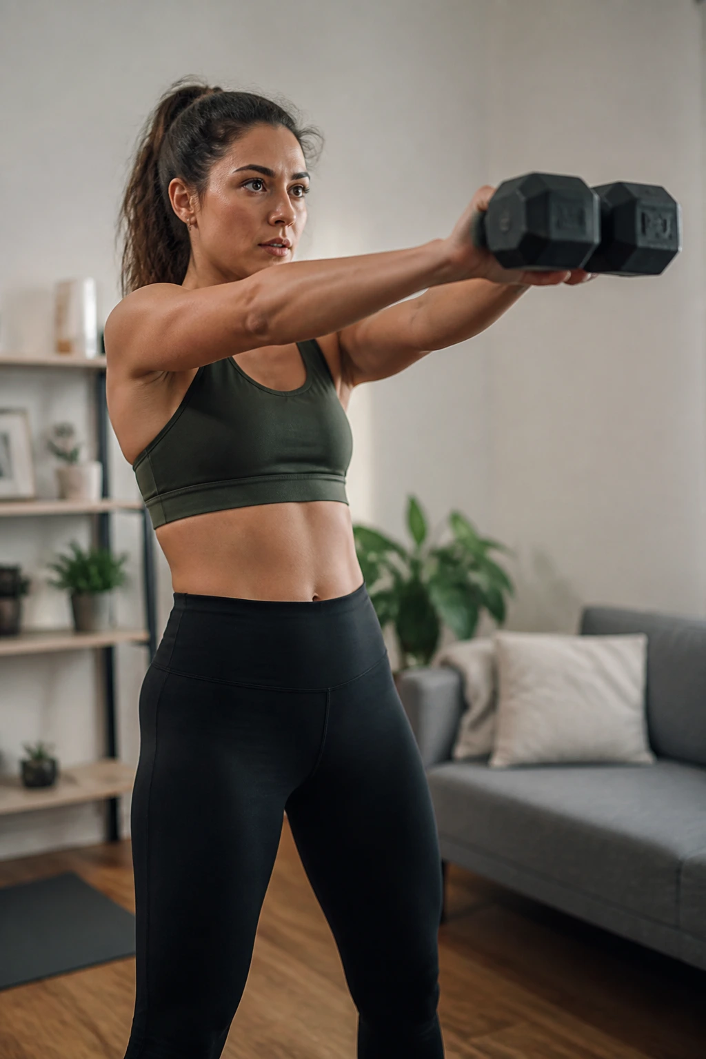 Person performing dumbbell swings in a home workout space.