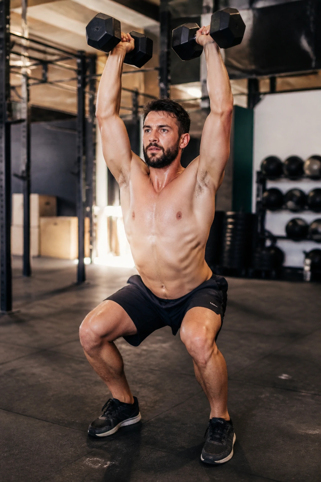 Mid-action shot of a lifter performing a dumbbell thruster