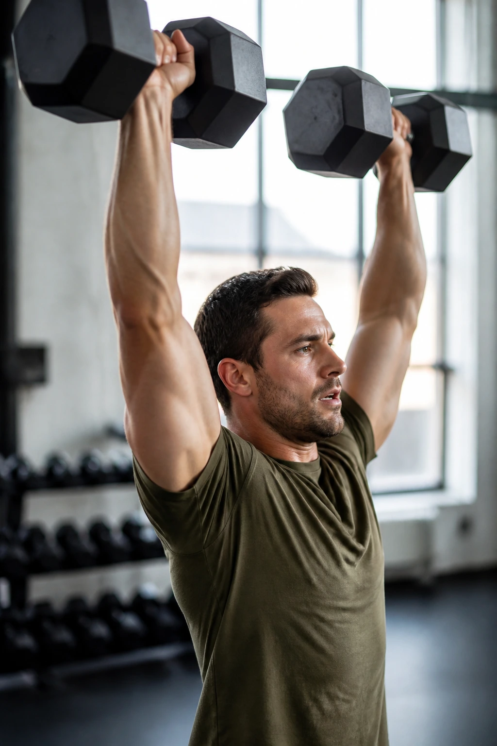 Athlete performing dumbbell thruster during EMOM in gym