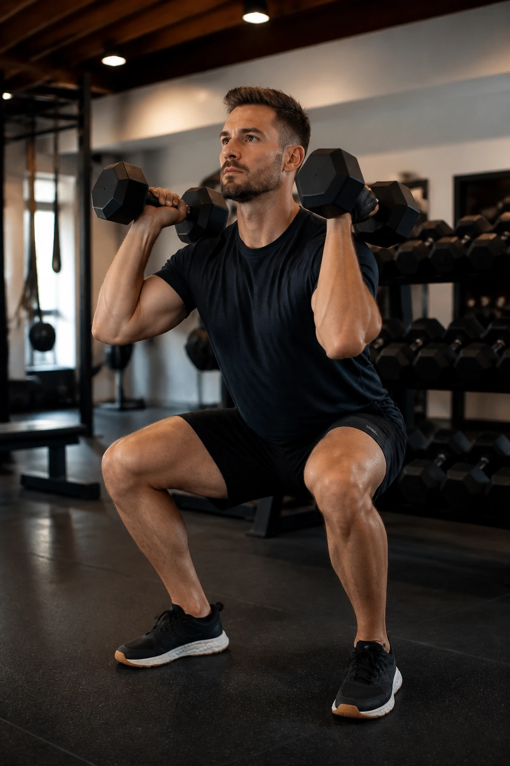 Athlete performing a dumbbell thruster in a gym.