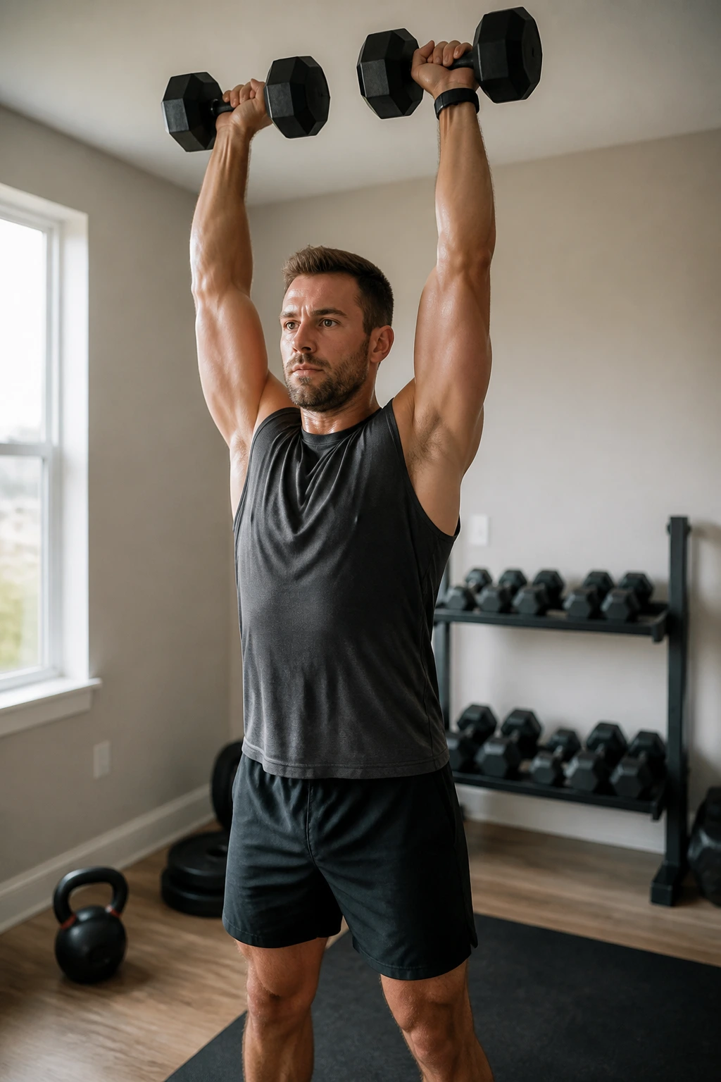 Person performing dumbbell thrusters in a home gym during EMOM.