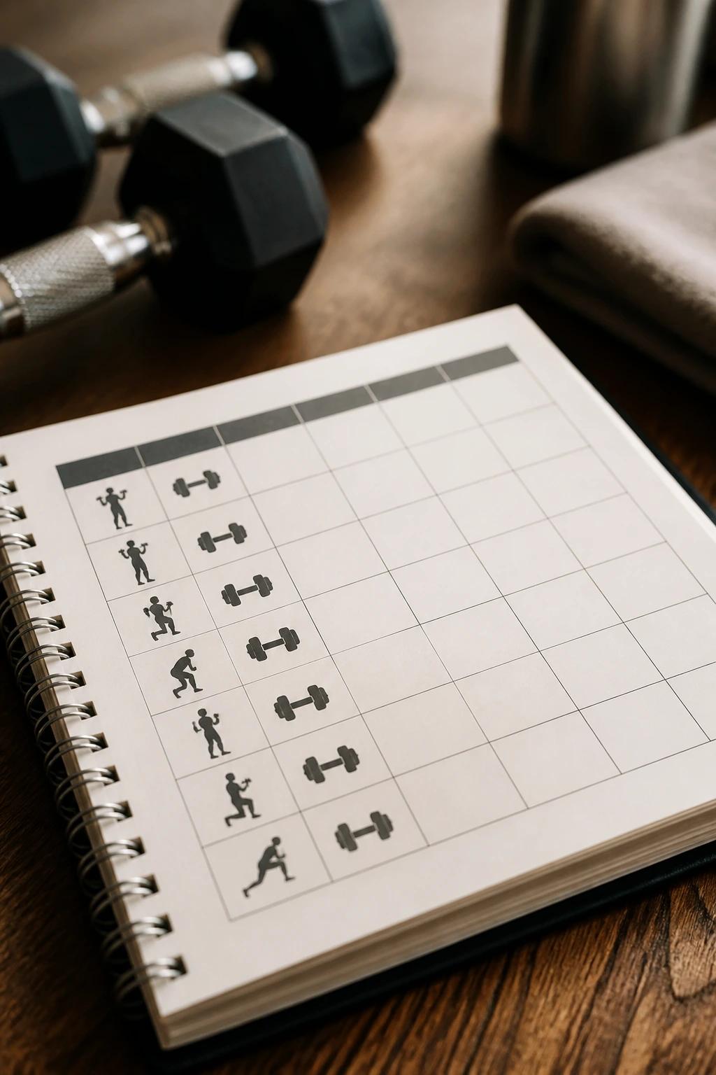 Close-up of a dumbbell-only weekly tracker page on wooden table with dumbbells nearby