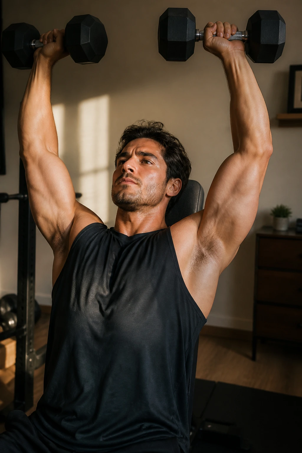 Person performing dumbbell overhead press in a home setting