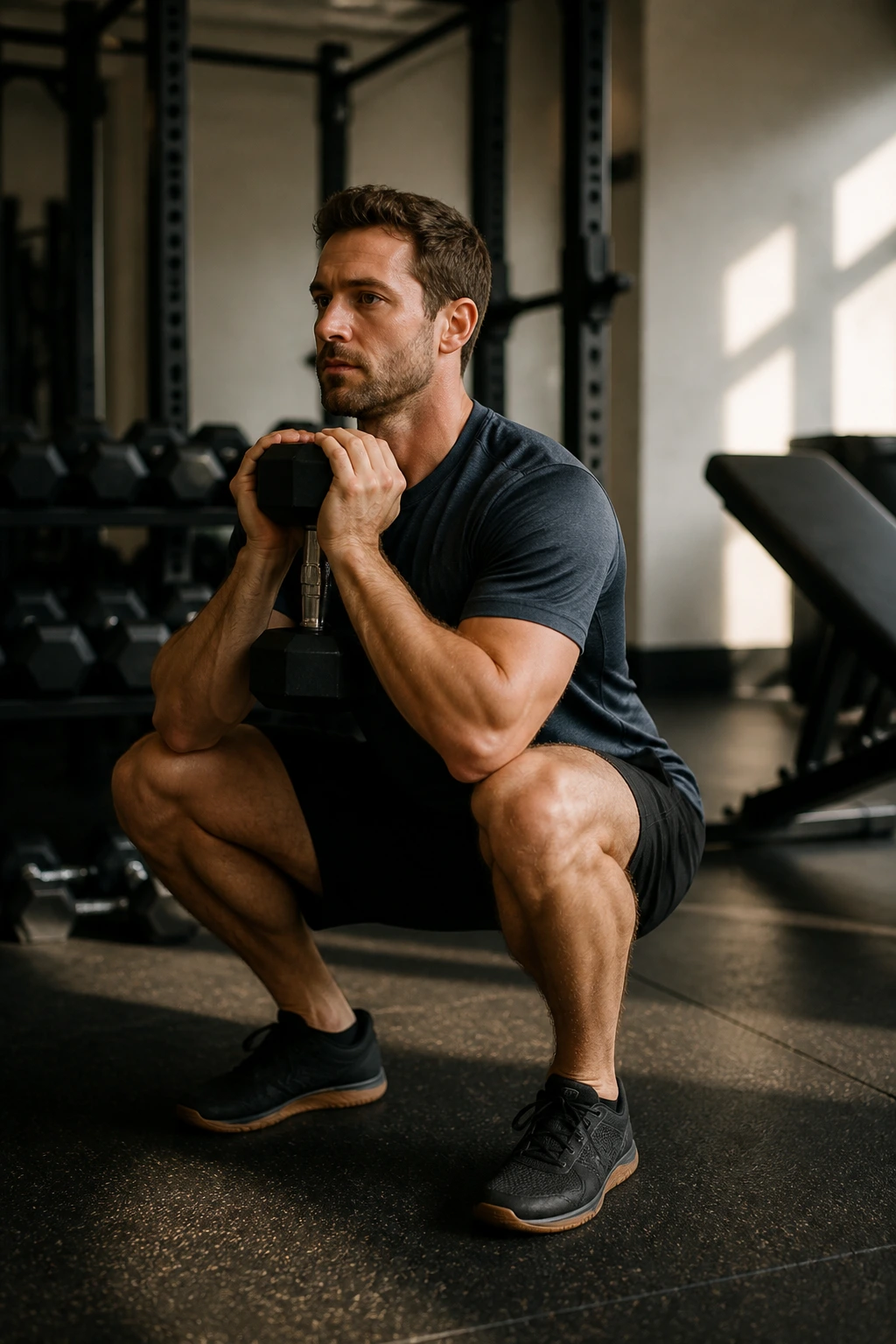 Person performing goblet squat with dumbbell in gym as part of Dumbbell-Only Starter Plan
