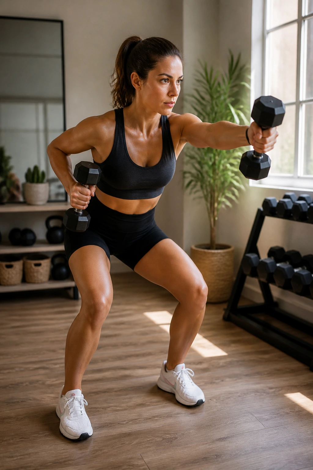 Portrait of a woman using dumbbells in a bright home gym corner
