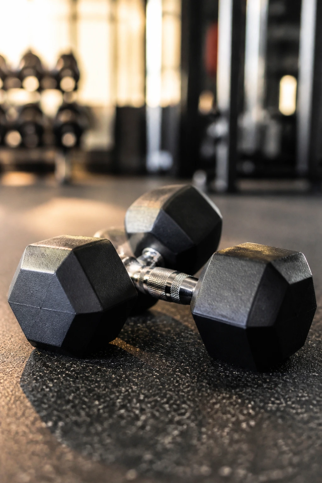 Close-up of a pair of dumbbells on a gym floor