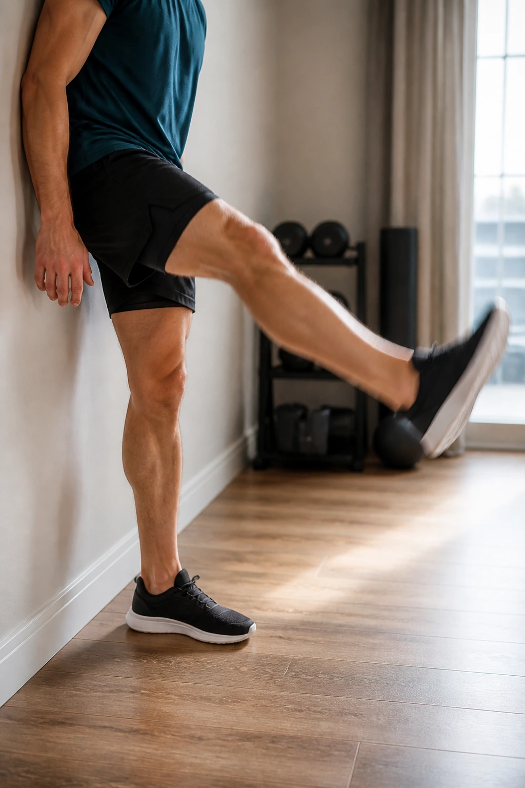 Close-up of a person performing dynamic leg swings near a wall for hamstring warmup