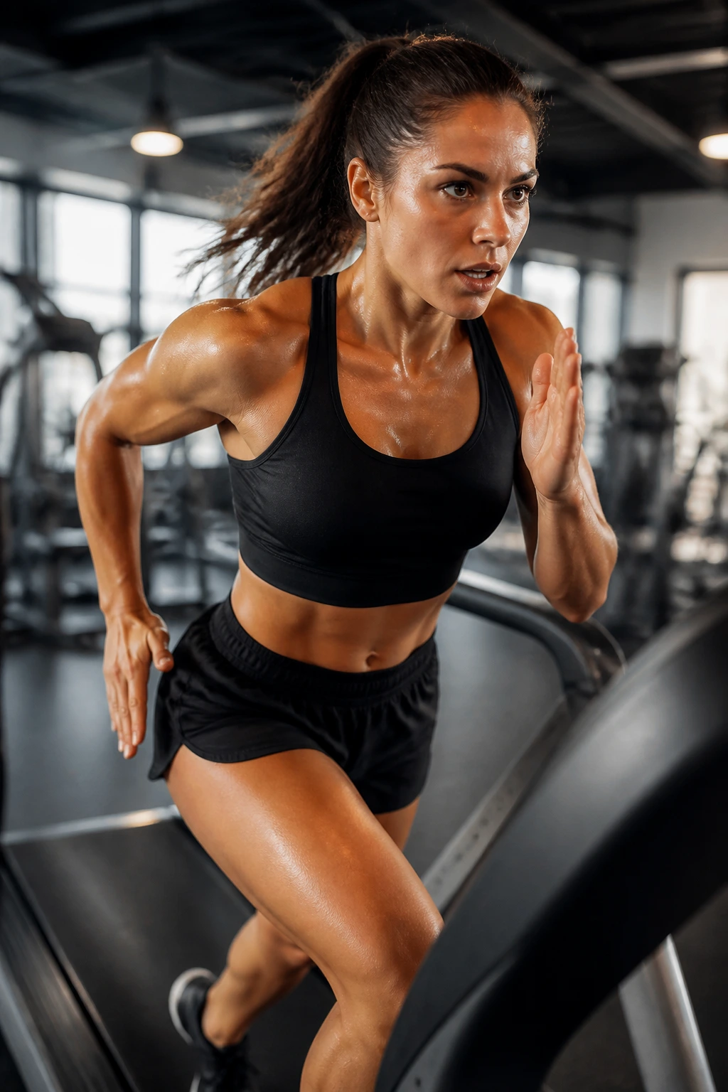 Close-up of a real person sprinting on a treadmill with a determined look