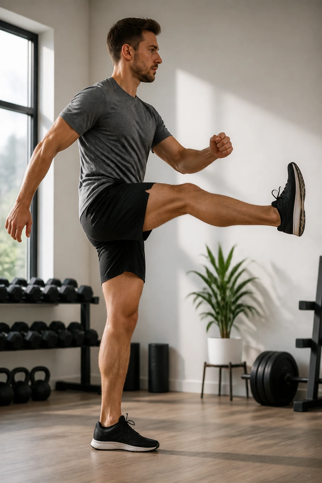 Person performing leg swing dynamic stretching sequence