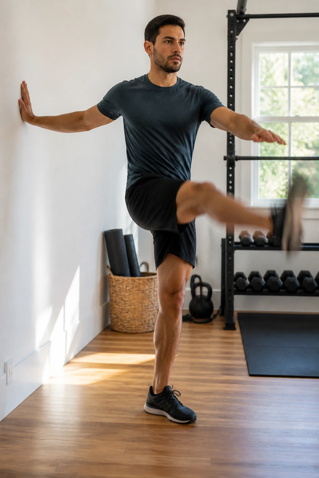 Person performing leg swings in bright home gym during warmup