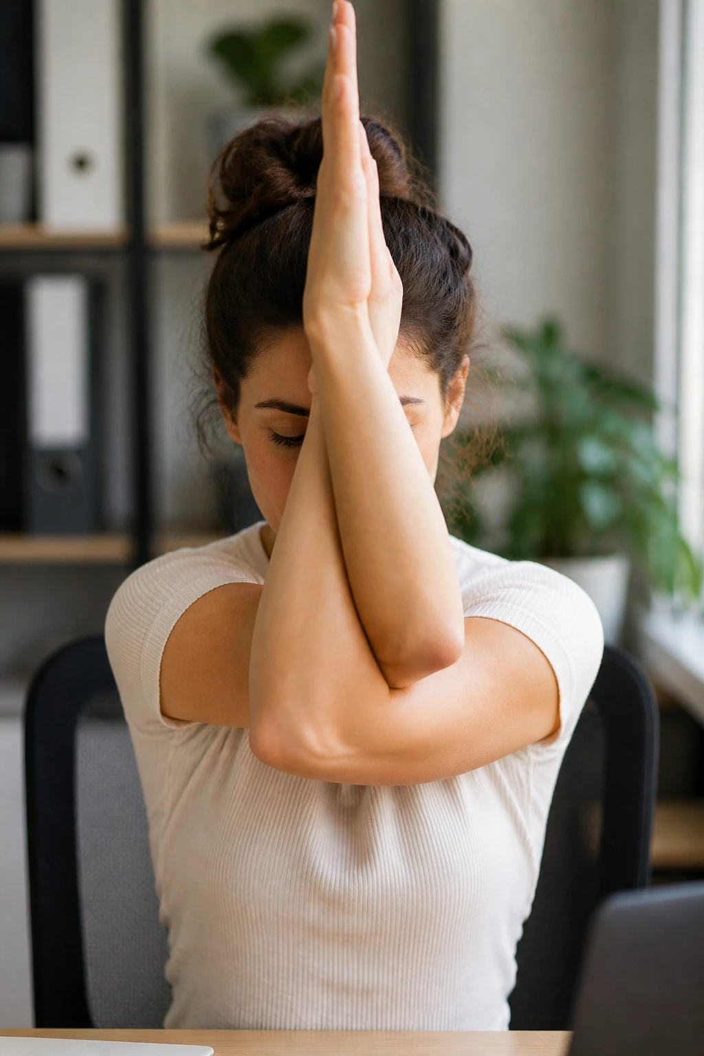 Close-up of arms in Eagle Arms posture at a desk