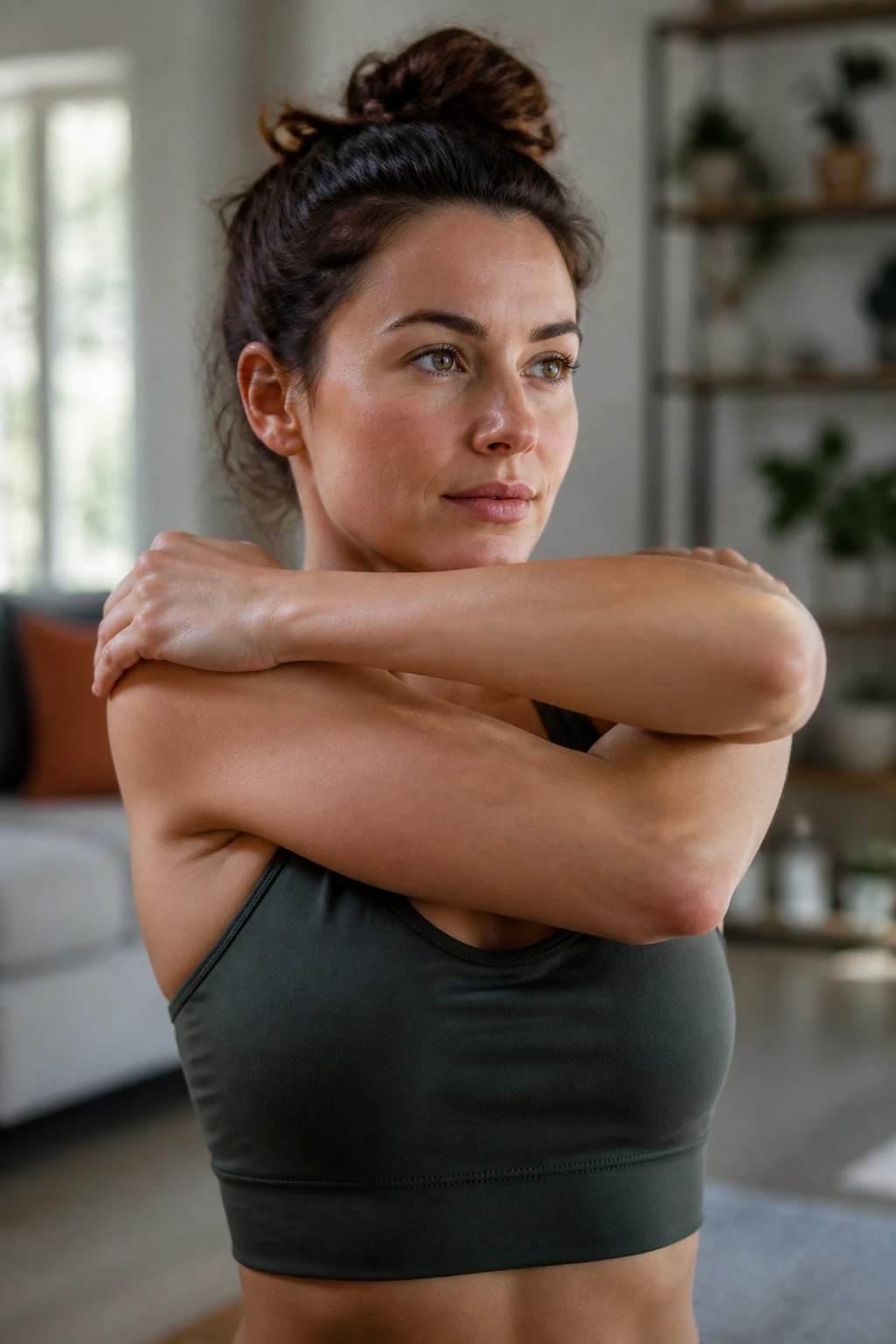 Portrait of a person performing Eagle Arms Stretch