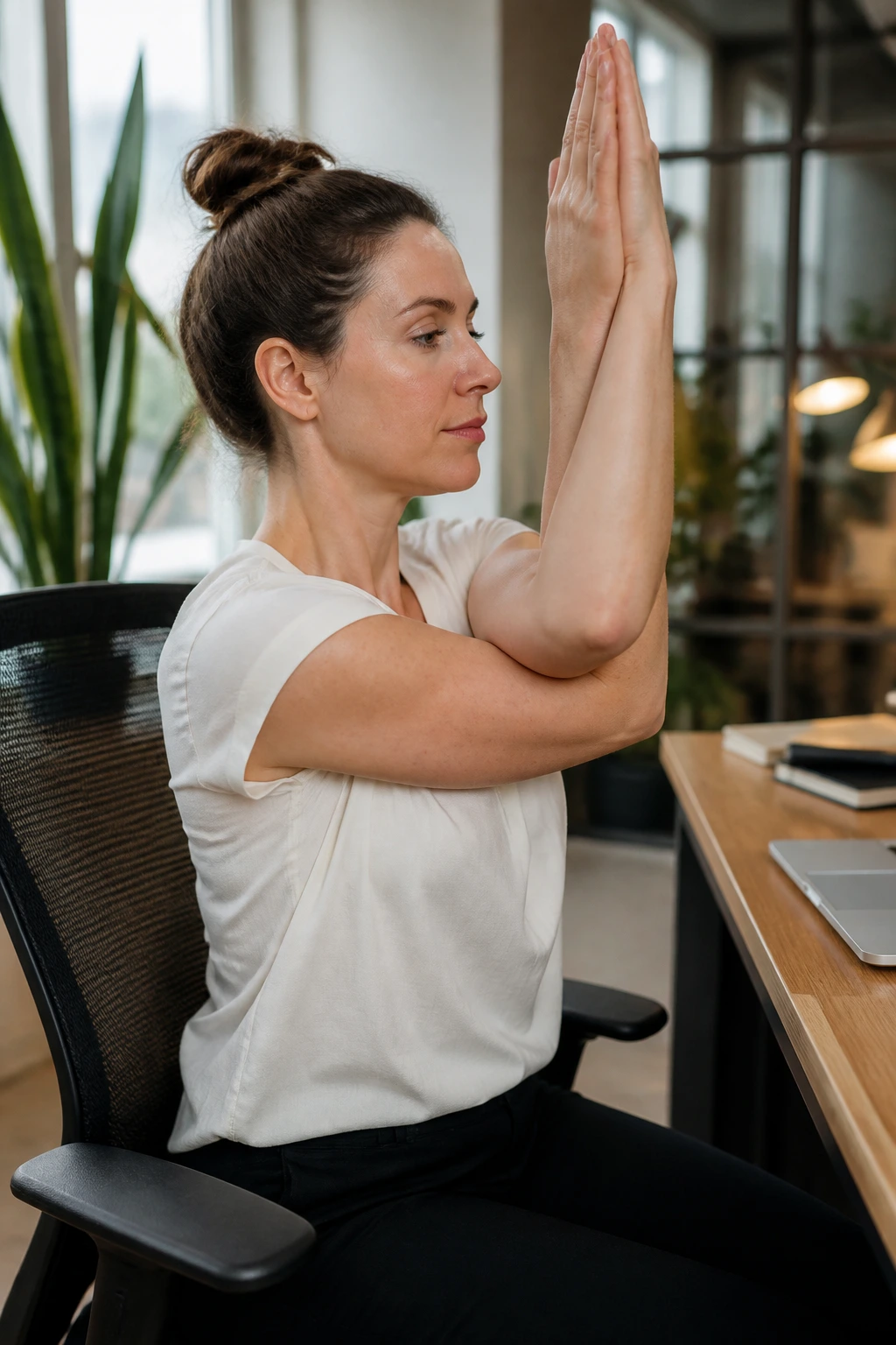 Three-quarter view of real person performing eagle arms at their desk