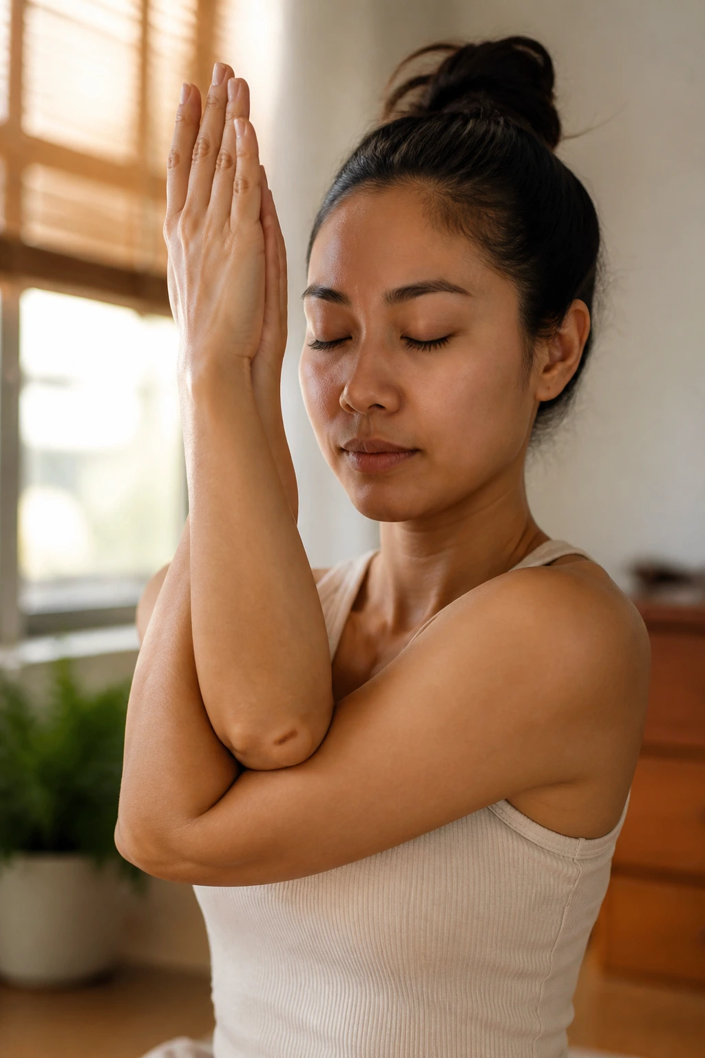 Close-up of Eagle Arms stretch for upper body tension release