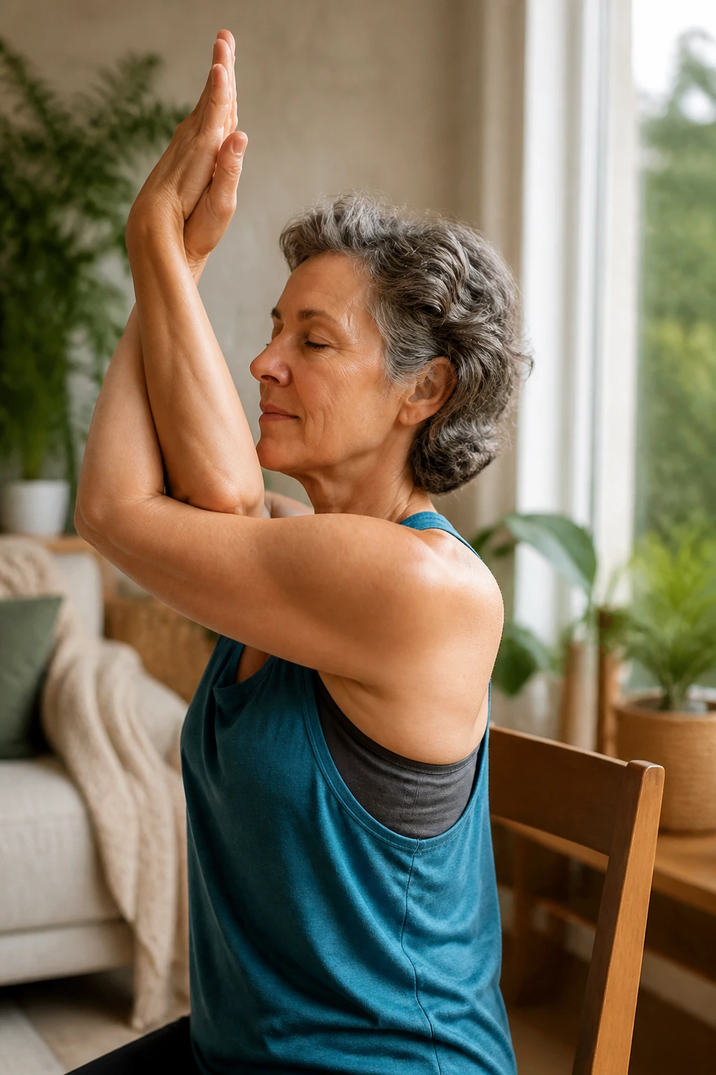 Close-up of arms wrapped in Eagle Arms pose with upper back stretch on a real person