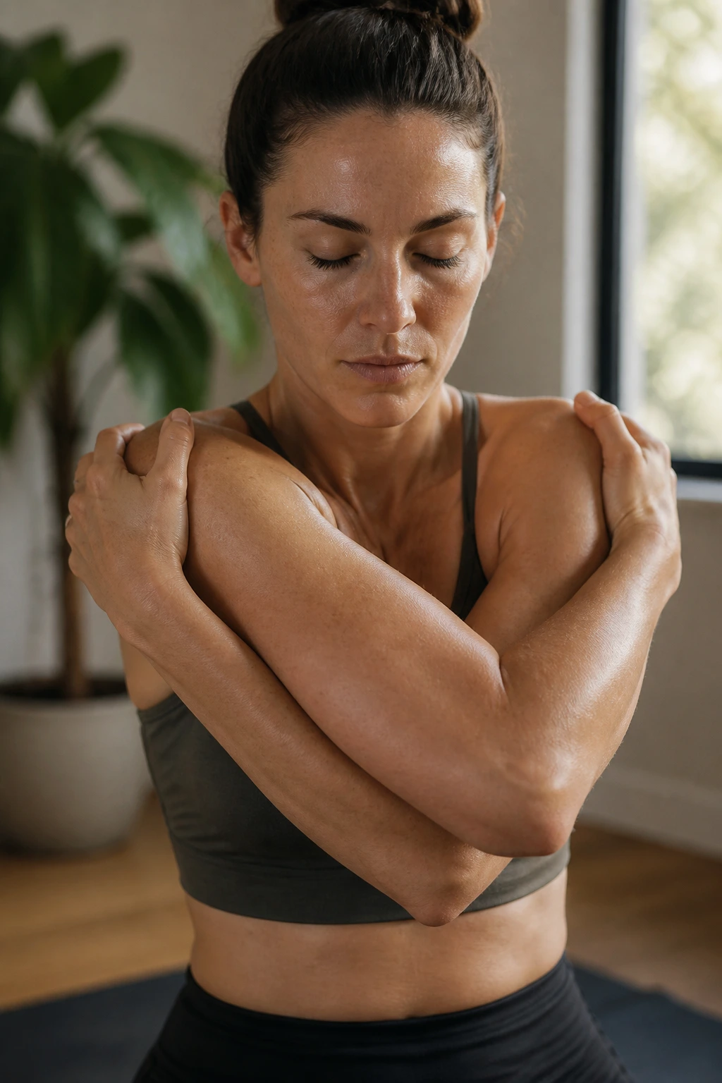 Eagle arms stretch with crossed arms in front of the chest.
