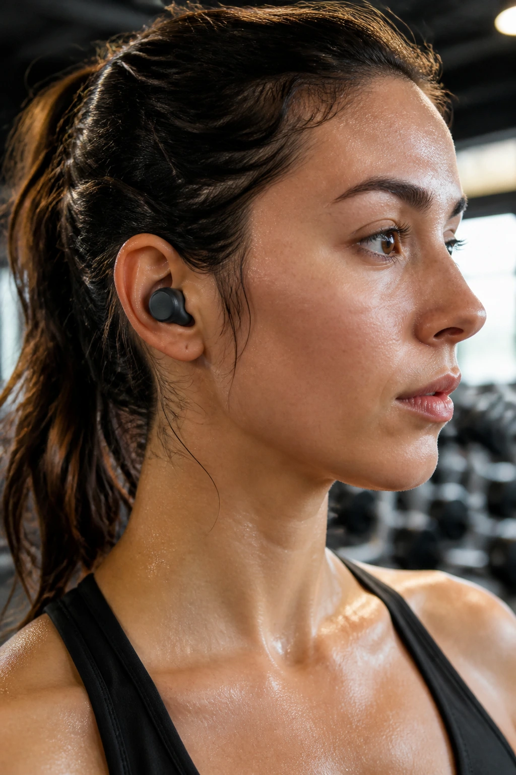 Real person wearing snug wireless earbuds in a gym