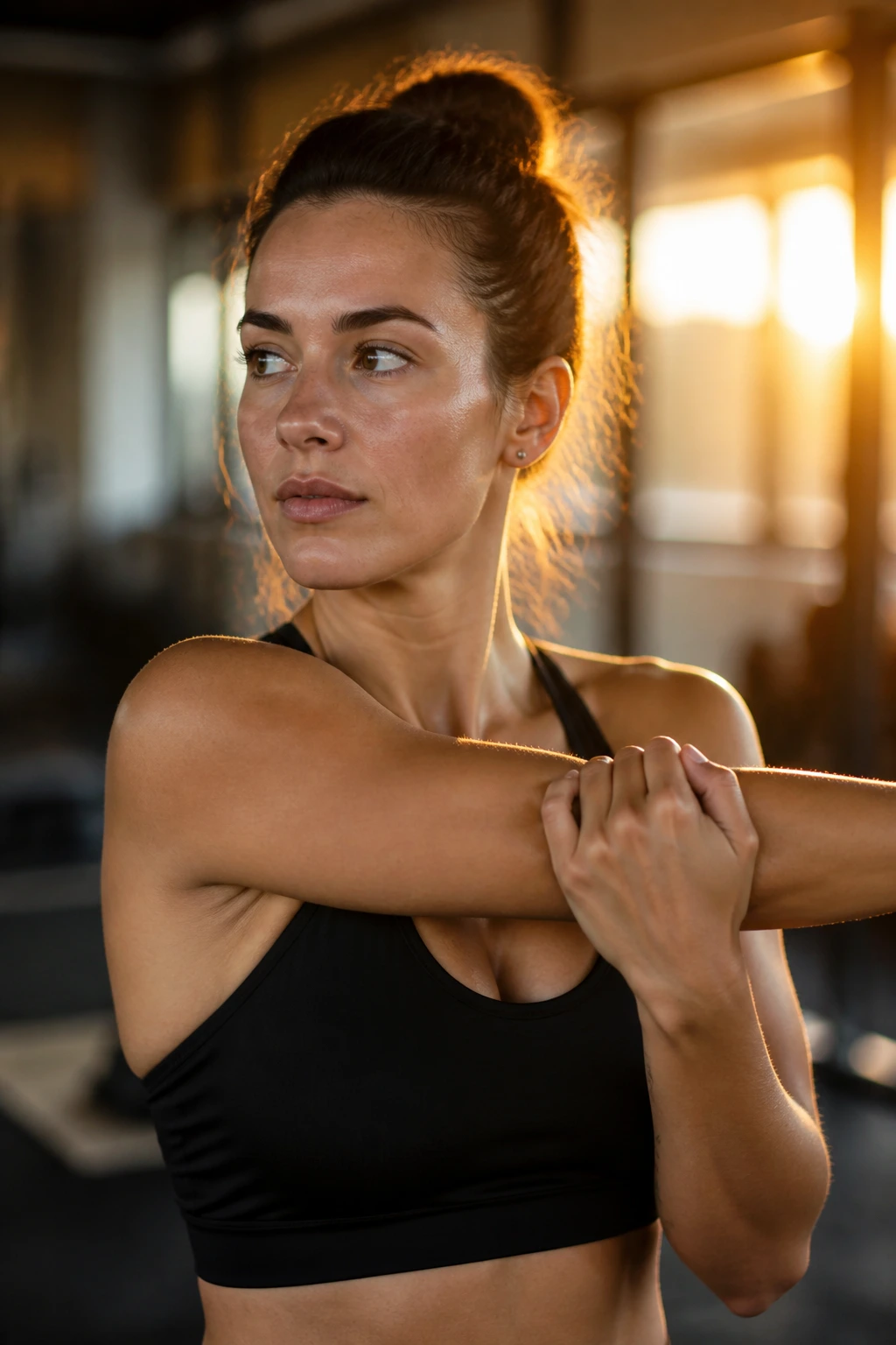 Portrait of a woman in dawn gym light performing mobility