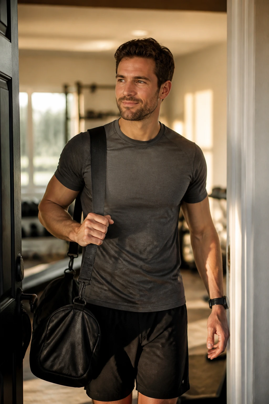 Person entering a home gym, making workout participation effortless.