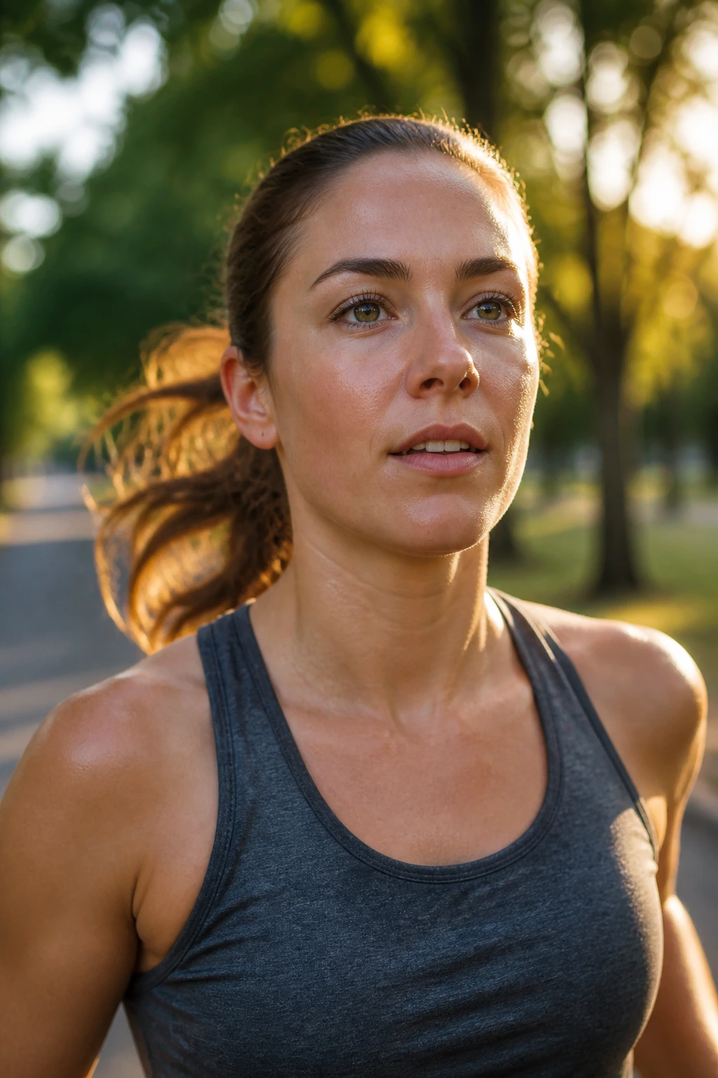 Portrait of a relaxed runner finishing an easy run on a park path at golden hour