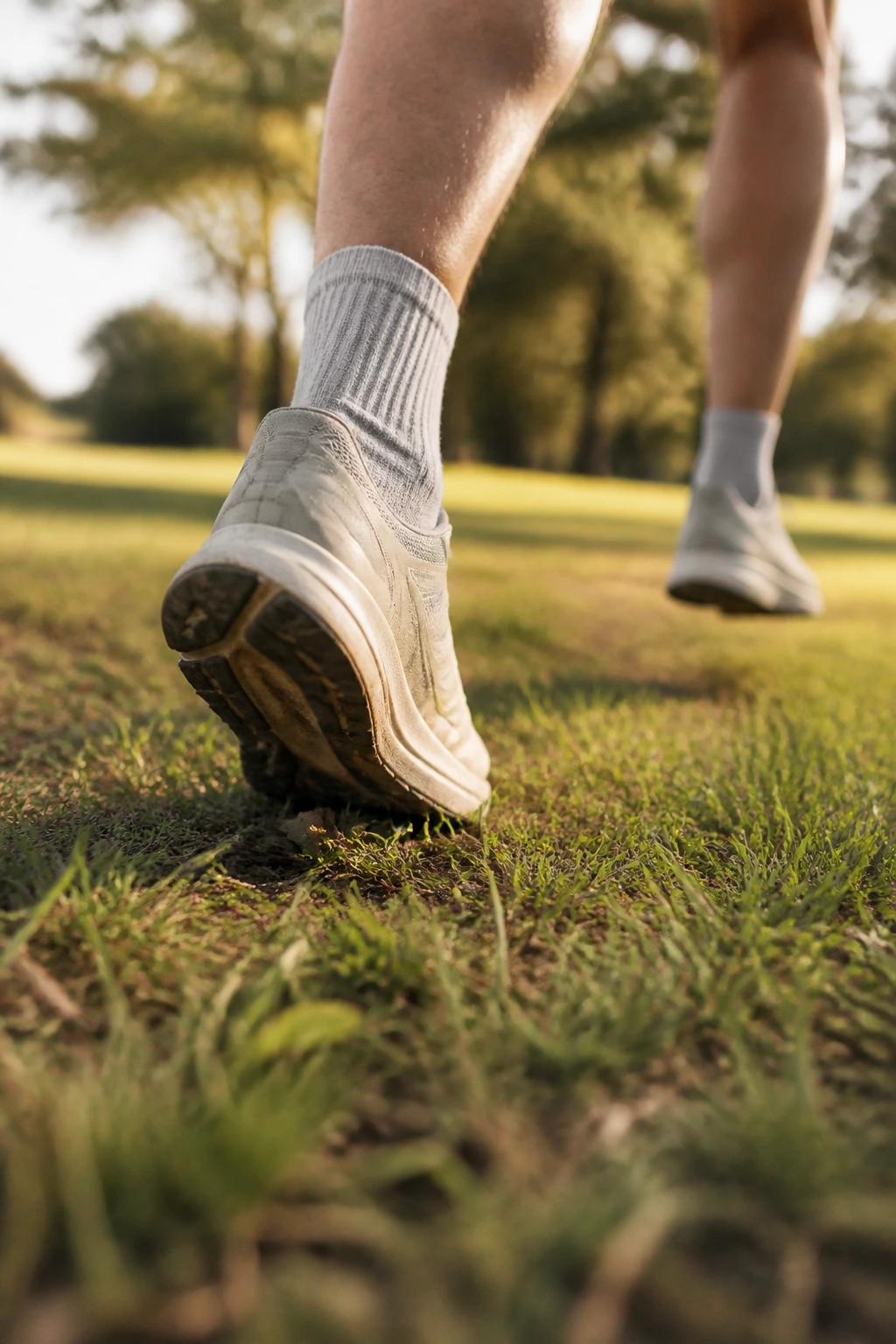 Runner's foot landing softly on grass in a park