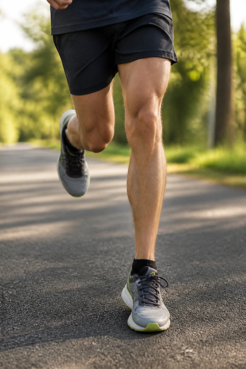 Runner's legs in easy pace on a park path during morning light