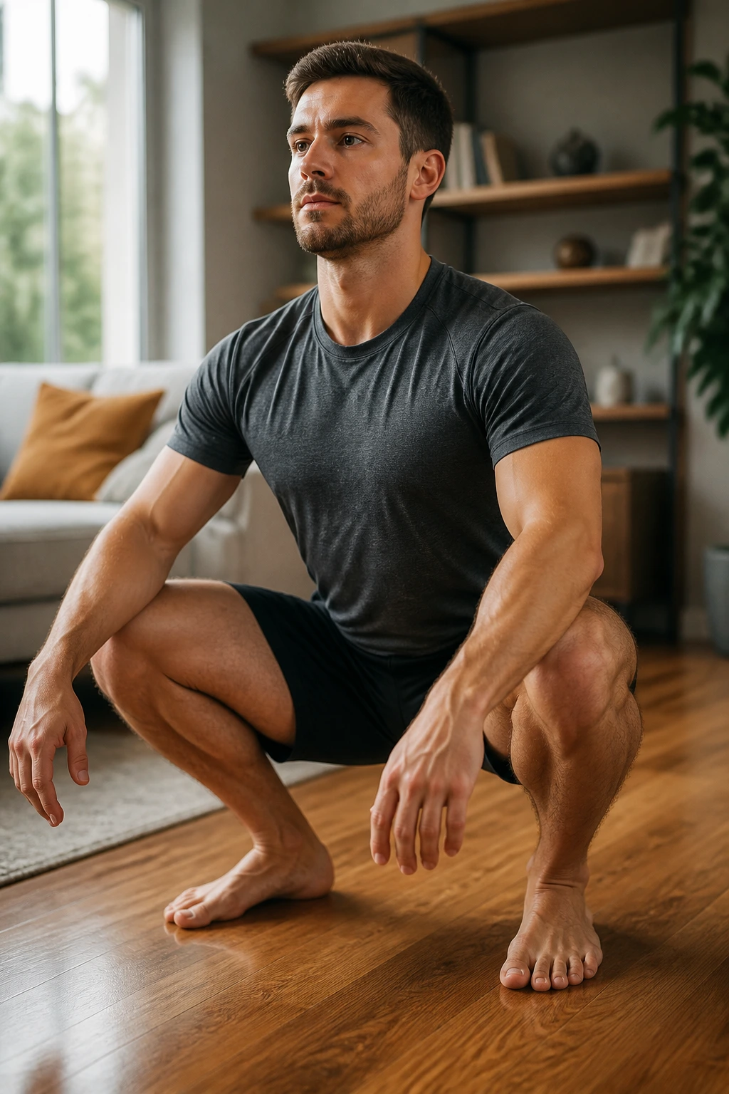 Person performing a slow descent squat at the bottom of the movement in a home setting