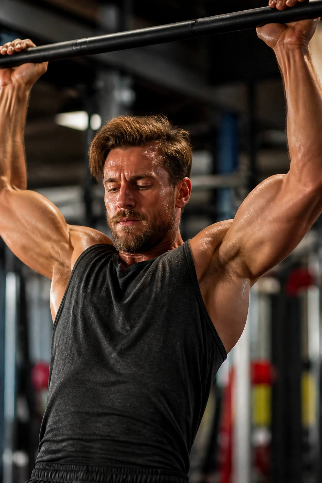 Close-up of a real athlete performing a slow eccentric pull-up descent in a gym
