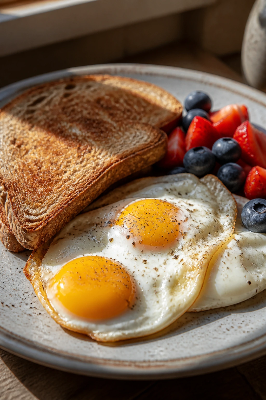 Plate of eggs and toast with berries on a kitchen table
