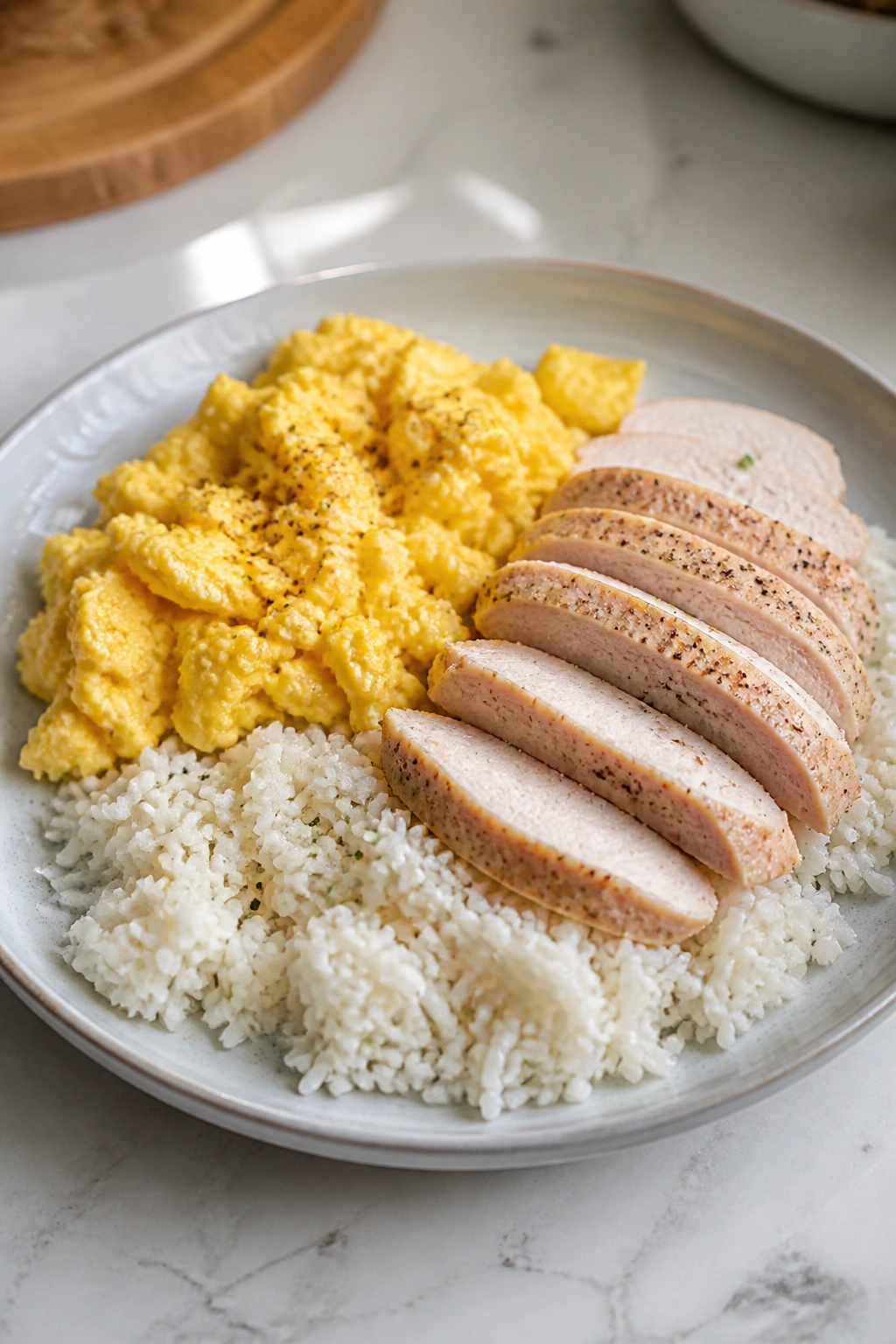 Medium close-up plate with eggs, turkey, and rice in bright kitchen light