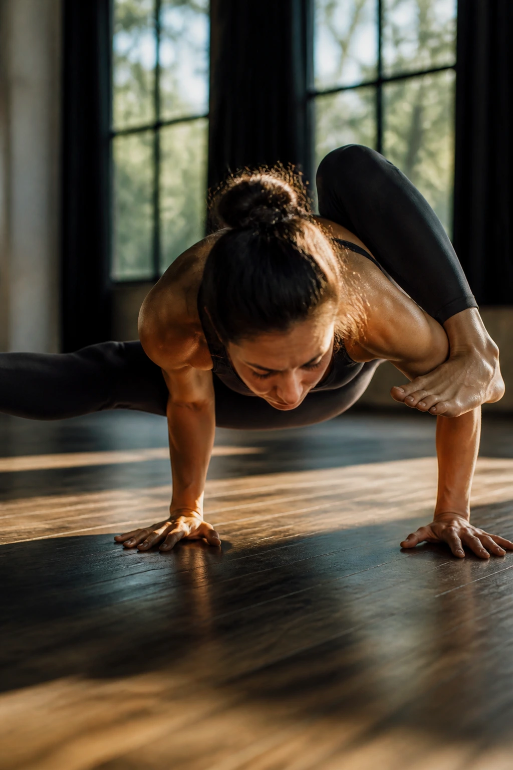 Real person performing Eight-Angle Pose showing obliques and arm balance.