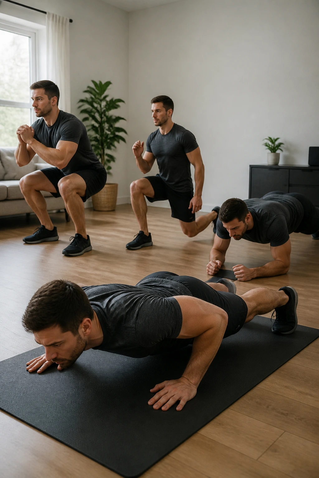 Person executing a quick eight minute workout circuit at home