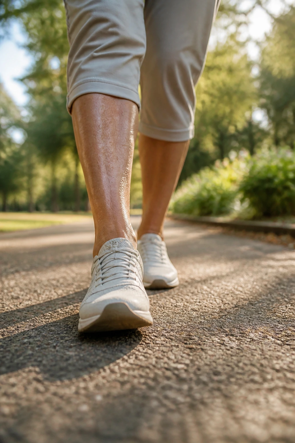 Close-up of an older adult's legs and feet mid-step on a sunlit park path during a gentle cool-down walk
