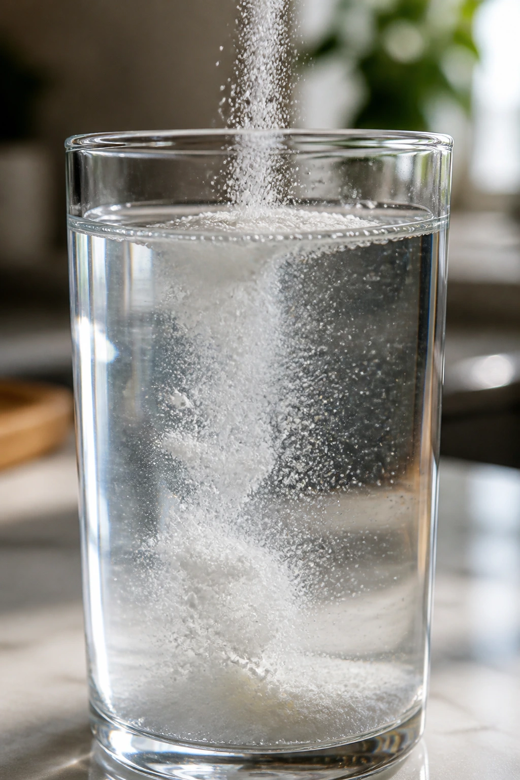 Glass of water with electrolyte powder dissolving