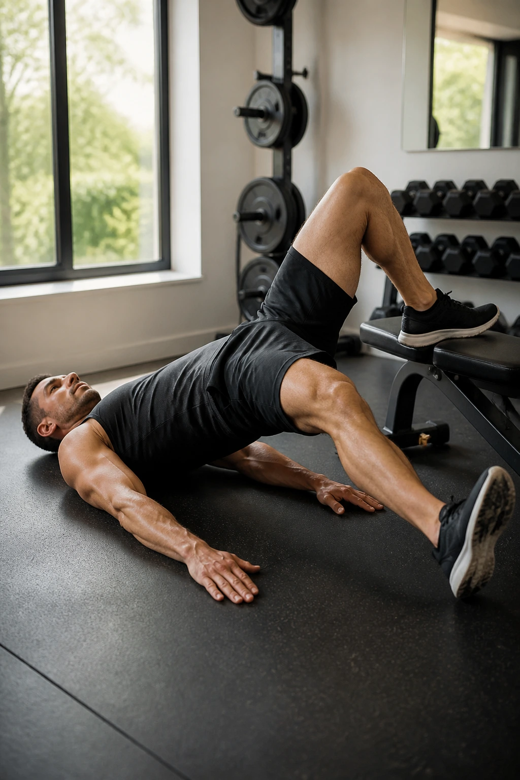 Close-up of elevated single-leg bridge showing working foot on bench and hips squared.
