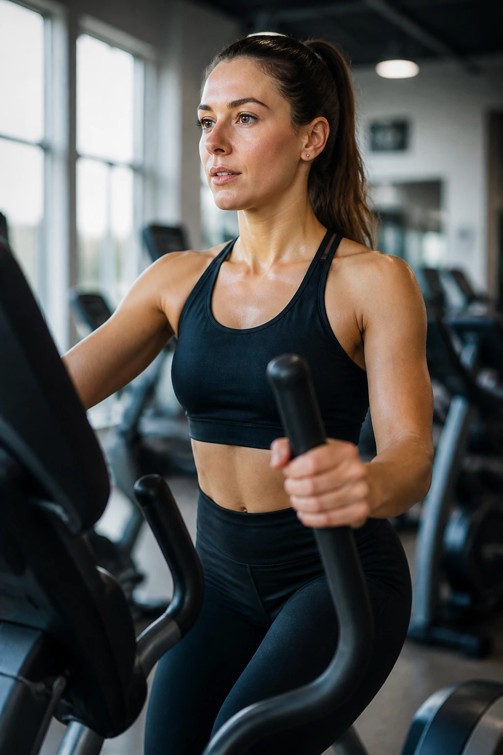 Person on elliptical performing low-impact cardio with core engaged.