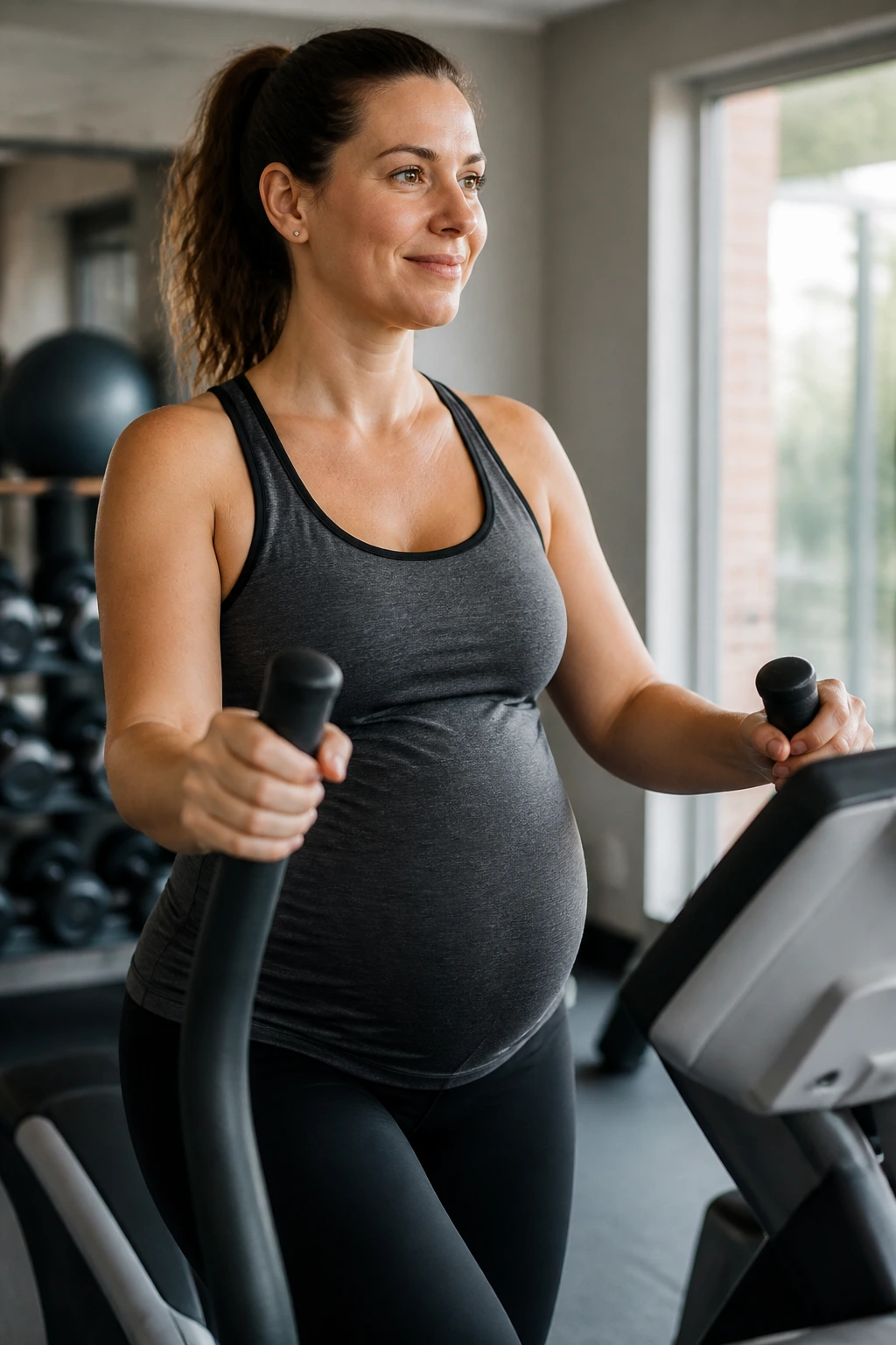 Pregnant woman on elliptical machine during a low-impact cardio session