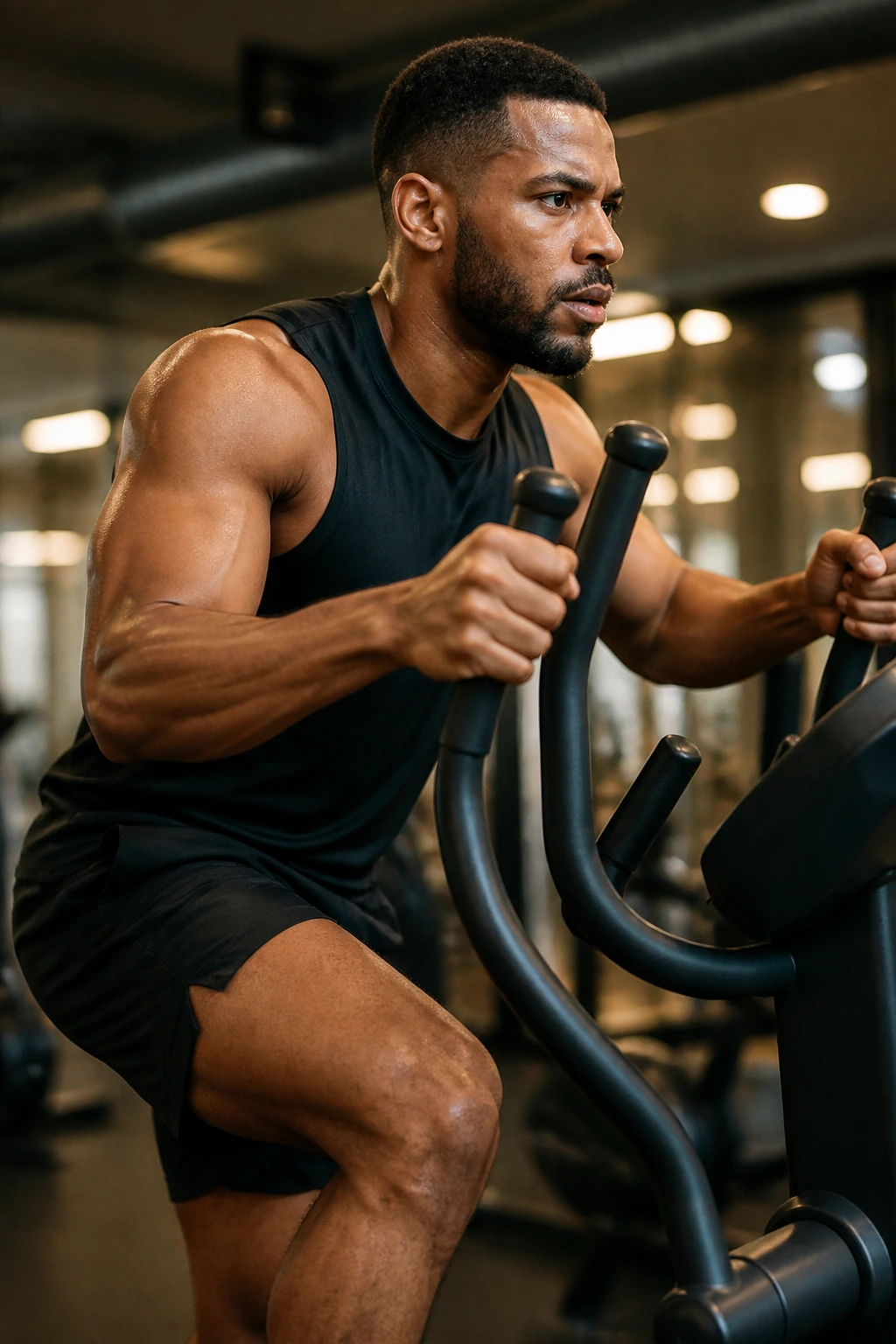 Athlete on elliptical performing one-minute power intervals in a gym