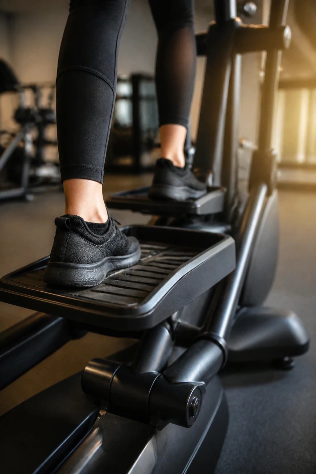 Close-up of elliptical trainer pedals and handles in a gym