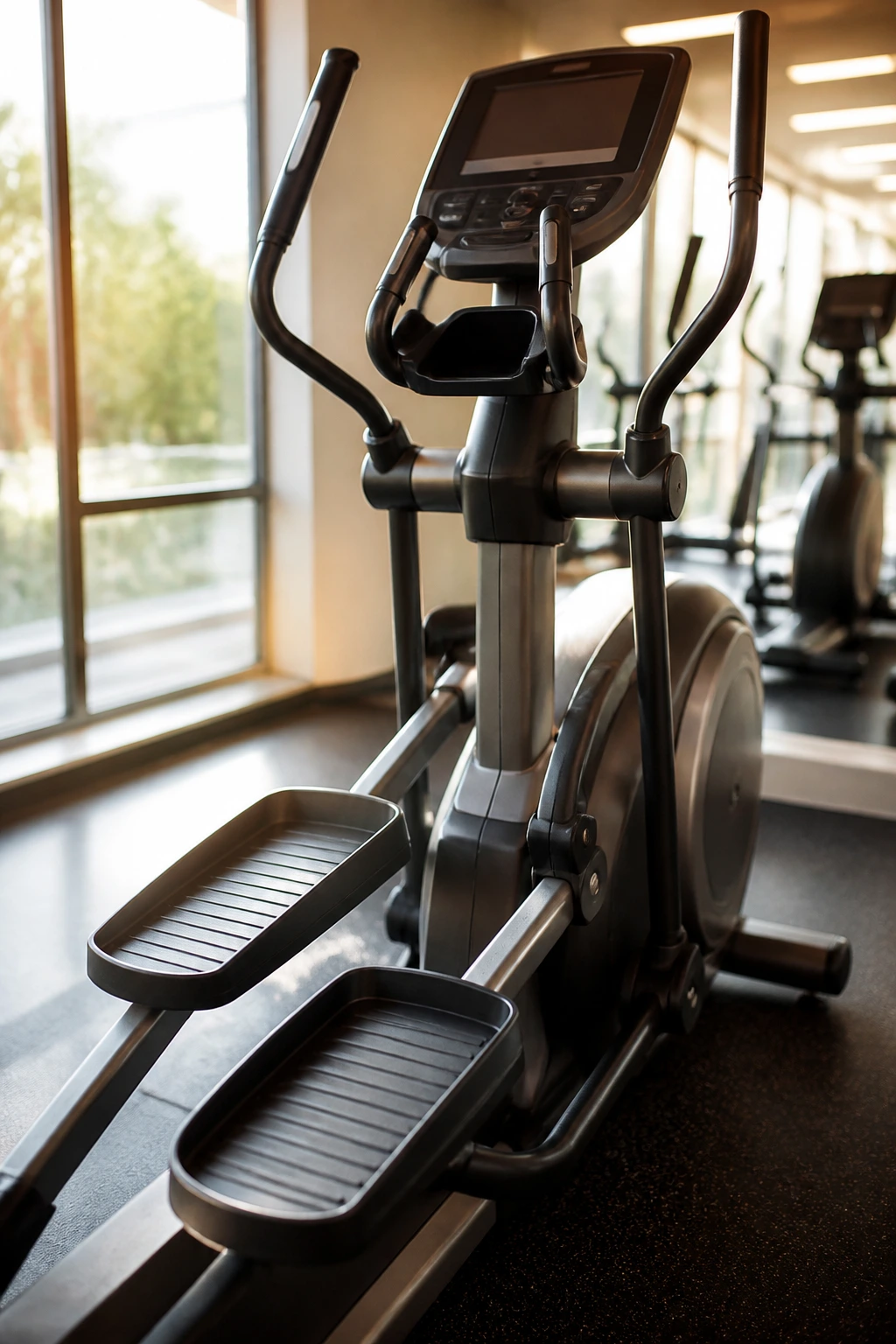 Close-up of an elliptical trainer dominating a gym scene