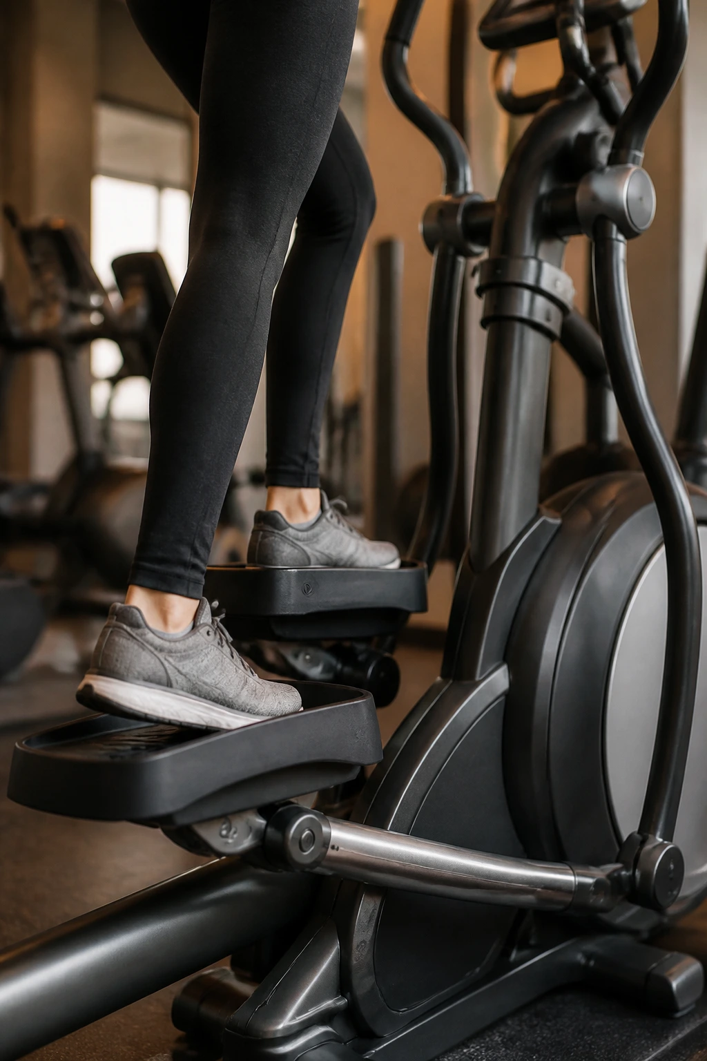 Close-up of an elliptical trainer in a gym with blurred background